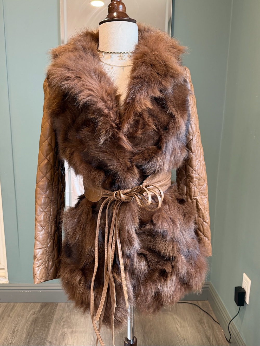 Vintage Hong Kong Brown Fox Fur NZ Lambskin Leather Belted Coat S